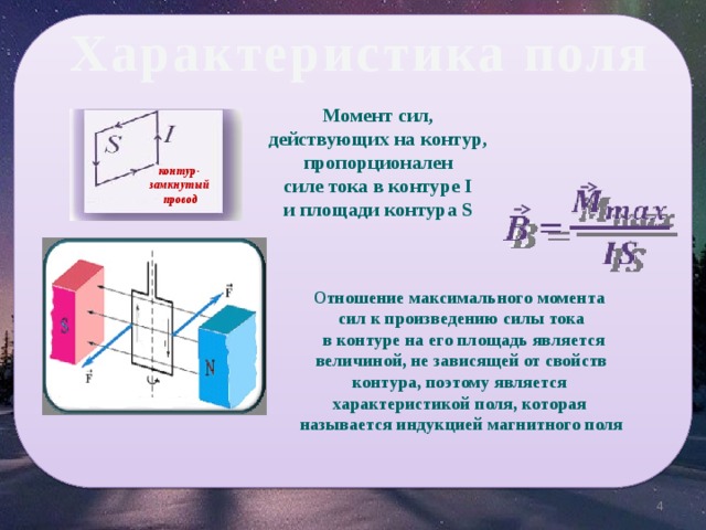 Характеристика поля Момент сил, действующих на контур, пропорционален  силе тока в контуре I и площади контура S   контур- замкнутый провод B О тношение максимального момента сил к произведению силы тока  в контуре на его площадь является величиной, не зависящей от свойств контура, поэтому является характеристикой поля, которая называется индукцией магнитного поля  