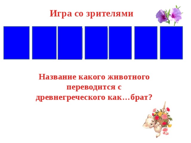Игра со зрителями Е Л Ь Ф И Н Д Название какого животного переводится с древнегреческого как…брат? 