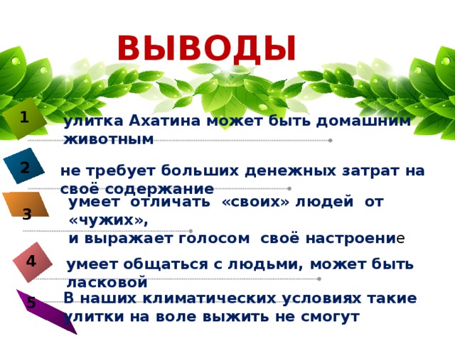 ВЫВОДЫ 1 улитка Ахатина может быть домашним животным  2 не требует больших денежных затрат на своё содержание  умеет отличать «своих» людей от «чужих», и выражает голосом своё настроени е 3 4 умеет общаться с людьми, может быть ласковой В наших климатических условиях такие улитки на воле выжить не смогут 5