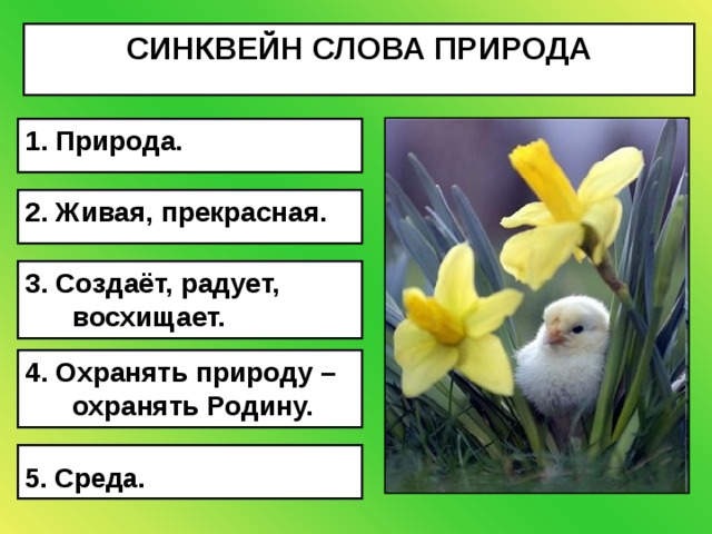 СИНКВЕЙН СЛОВА ПРИРОДА 1. Природа. 2. Живая, прекрасная. 3. Создаёт, радует, восхищает. 4. Охранять природу – охранять Родину.  5. Среда.  