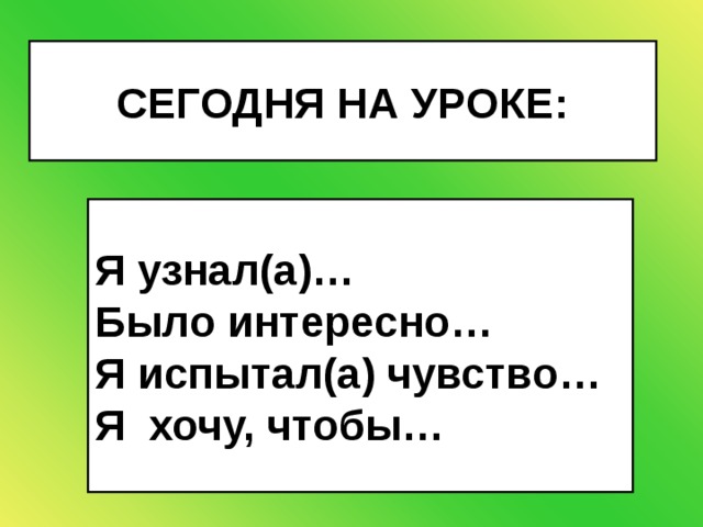 СЕГОДНЯ НА УРОКЕ: Я узнал(а)…  Было интересно…  Я испытал(а) чувство…  Я хочу, чтобы… 