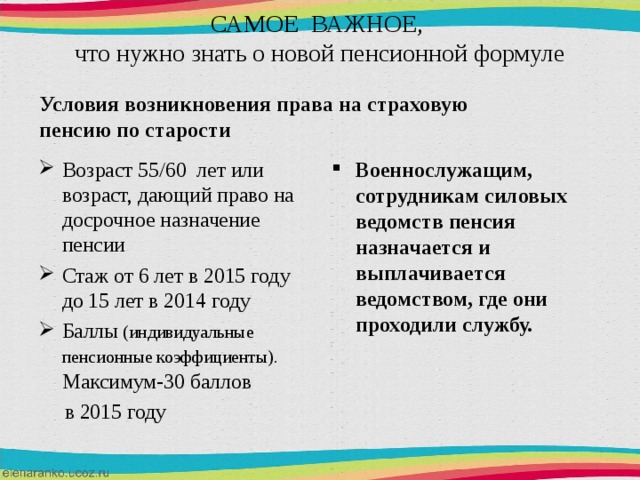 САМОЕ ВАЖНОЕ,  что нужно знать о новой пенсионной формуле   Условия возникновения права на страховую пенсию по старости  Возраст 55 /60 лет или возраст, дающий право на досрочное назначение пенсии Стаж от 6 лет в 2015 году до 15 лет в 2014 году Баллы (индивидуальные пенсионные коэффициенты). Максимум-30 баллов Военнослужащим, сотрудникам силовых ведомств пенсия назначается и выплачивается ведомством, где они проходили службу.  в 2015 году 