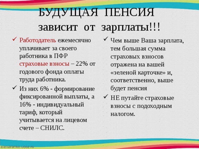 БУДУЩАЯ ПЕНСИЯ  зависит от зарплаты!!! Работодатель ежемесячно уплачивает за своего работника в ПФР страховые взносы – 22% от годового фонда оплаты труда работника. Из них 6% - формирование фиксированной выплаты, а 16% - индивидуальный тариф, который учитывается на лицевом счете – СНИЛС. Чем выше Ваша зарплата, тем большая сумма страховых взносов отражена на вашей «зеленой карточке» и, соответственно, выше будет пенсия НЕ путайте страховые взносы с подоходным налогом. 