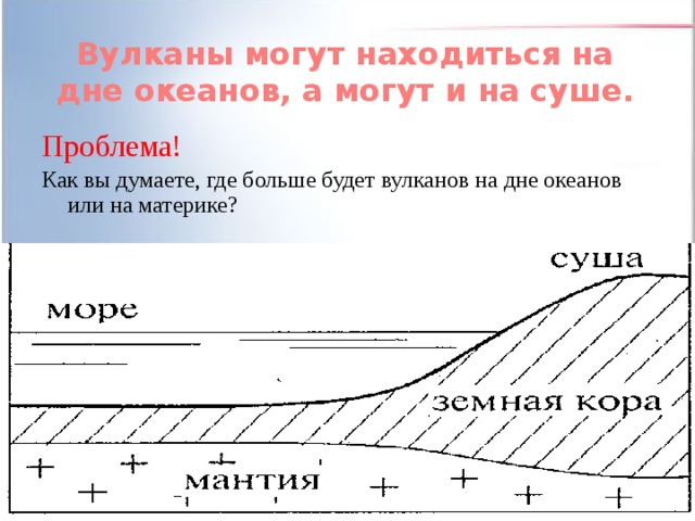 Вулканы могут находиться на дне океанов, а могут и на суше. Проблема! Как вы думаете, где больше будет вулканов на дне океанов или на материке? 