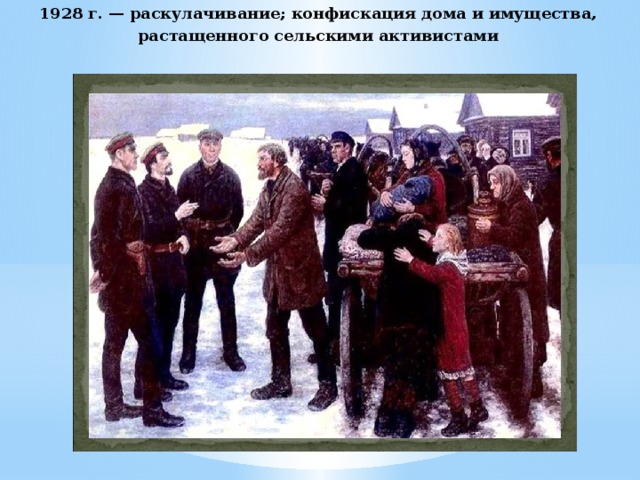 1928 г. — раскулачивание; конфискация дома и имущества, растащенного сельскими активистами 