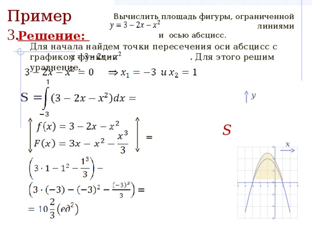 Пример 3 . Вычислить площадь фигуры, ограниченной линиями и осью абсцисс. Решение: Для начала найдем точки пересечения оси абсцисс с графиком функции . Для этого решим уравнение. S = y S = x 10 