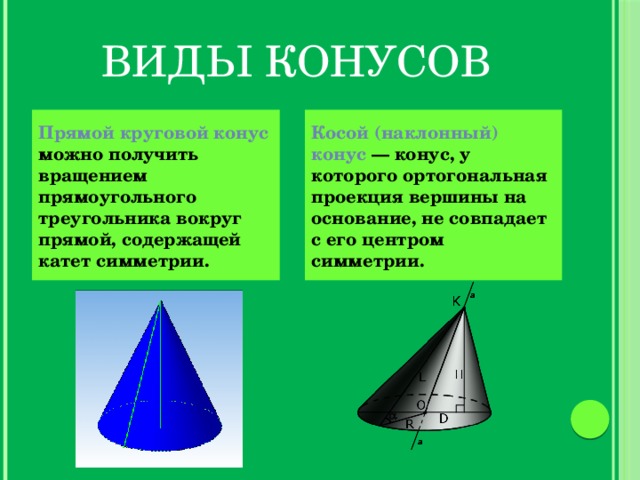 Виды конусов     Прямой круговой конус можно получить вращением прямоугольного треугольника вокруг прямой, содержащей катет симметрии. Косой (наклонный) конус — конус, у которого ортогональная проекция вершины на основание, не совпадает с его центром симметрии.     