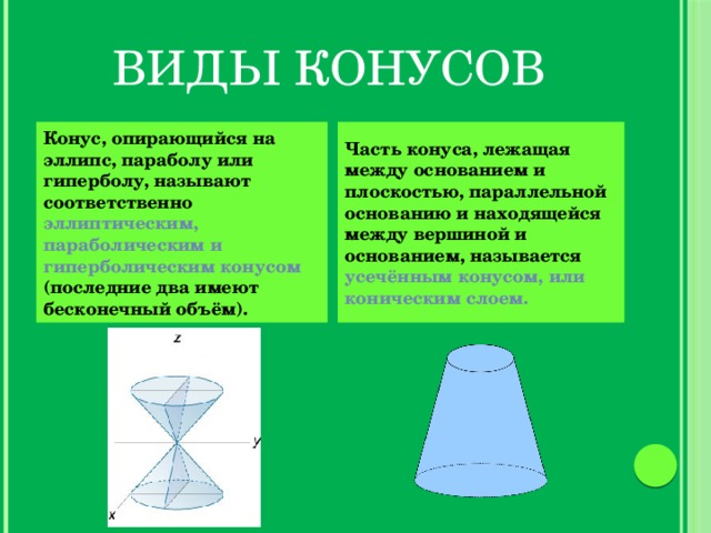 Виды конусов  Часть конуса, лежащая между основанием и плоскостью, параллельной основанию и находящейся между вершиной и основанием, называется усечённым конусом, или коническим слоем. Конус, опирающийся на эллипс, параболу или гиперболу, называют соответственно эллиптическим, параболическим и гиперболическим конусом (последние два имеют бесконечный объём).  