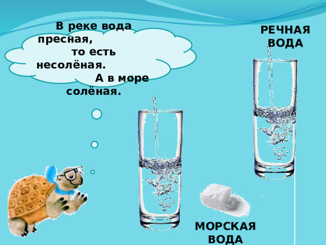 РЕЧНАЯ ВОДА  В реке вода пресная, то есть несолёная. А в море солёная.   МОРСКАЯ ВОДА 