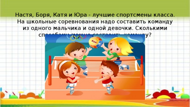 Настя, Боря, Катя и Юра - лучшие спортсмены класса. На школьные соревнования надо составить команду из одного мальчика и одной девочки. Сколькими способами можно составить команду? 
