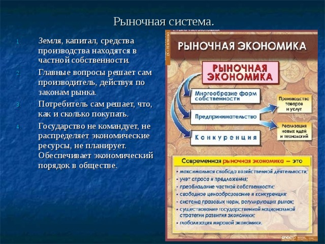 Рыночная система. Земля, капитал, средства производства находятся в частной собственности. Главные вопросы решает сам производитель, действуя по законам рынка. Потребитель сам решает, что, как и сколько покупать. Государство не командует, не распределяет экономические ресурсы, не планирует. Обеспечивает экономический порядок в обществе.  