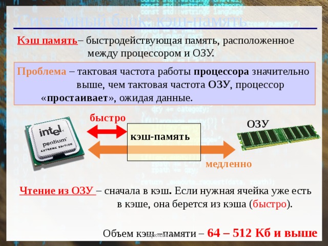 Системный блок: кэш-память Кэш память – быстродействующая память, расположенное   между процессором и ОЗУ. Проблема – тактовая частота работы процессора значительно  выше, чем тактовая частота ОЗУ , процессор  « простаивает », ожидая данные. быстро ОЗУ кэш-память  медленно Чтение из ОЗУ  – сначала в кэш . Если нужная ячейка уже есть    в кэше, она берется из кэша ( быстро ). Объем кэш –памяти – 64 – 512 Кб и выше  Бирюкова Раиса  