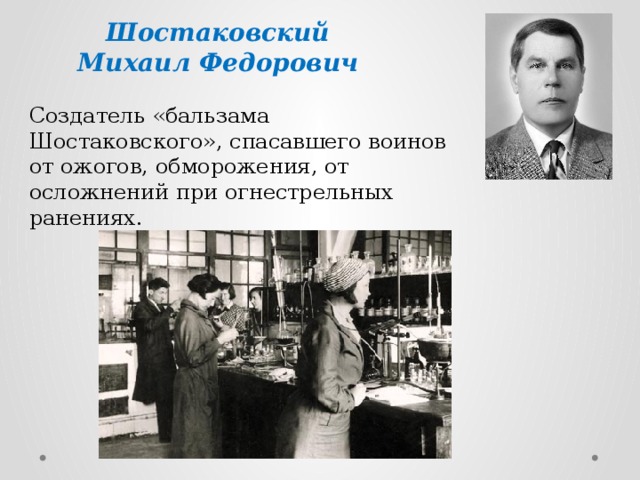 Шостаковский  Михаил Федорович  Создатель «бальзама Шостаковского», спасавшего воинов от ожогов, обморожения, от осложнений при огнестрельных ранениях. 