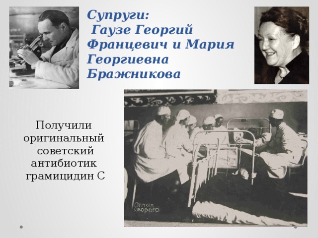 Супруги:  Гаузе Георгий Францевич и Мария Георгиевна Бражникова   Получили оригинальный  советский антибиотик  грамицидин С 
