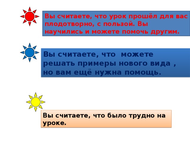 Вы считаете, что урок прошёл для вас плодотворно, с пользой. Вы научились и можете помочь другим. Вы считаете, что можете решать примеры нового вида , но вам ещё нужна помощь. Вы считаете, что было трудно на уроке . 