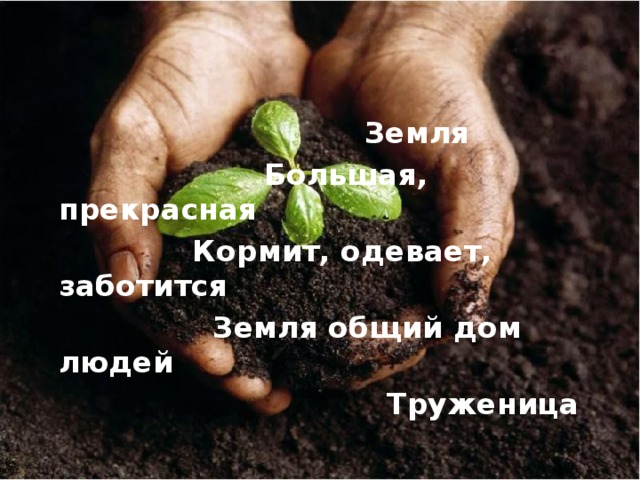  Земля  Большая, прекрасная  Кормит, одевает, заботится  Земля общий дом людей  Труженица  