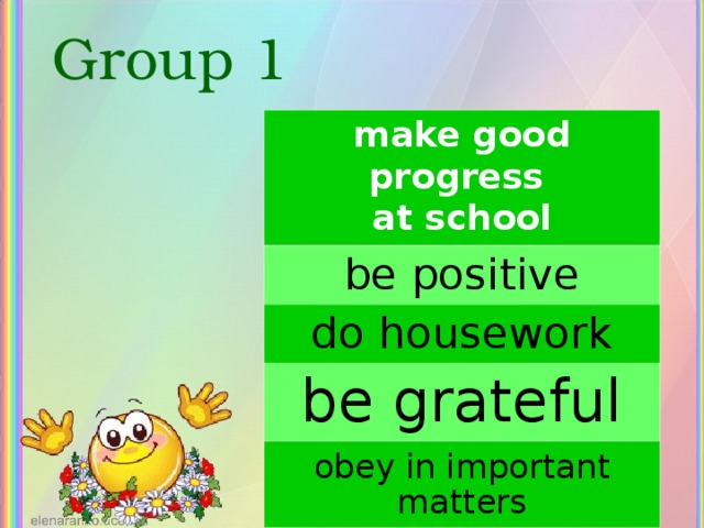 Group 1 make good progress at school be positive do housework be grateful obey in important matters 