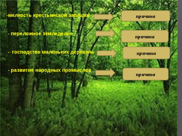 -мелкость крестьянской запашки    - переложное земледелие    - господство маленьких деревень    - развитие народных промыслов причина причина причина причина 