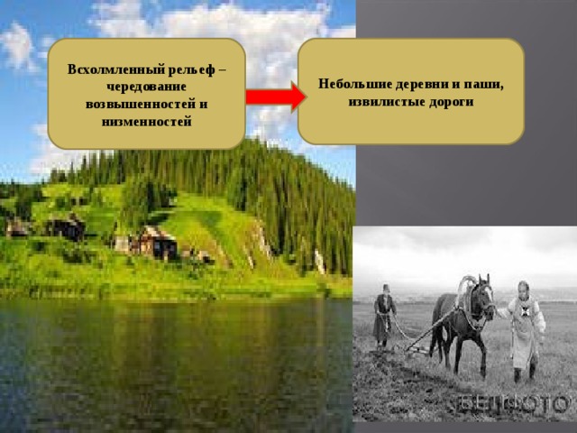 Небольшие деревни и паши, извилистые дороги Всхолмленный рельеф – чередование возвышенностей и низменностей 