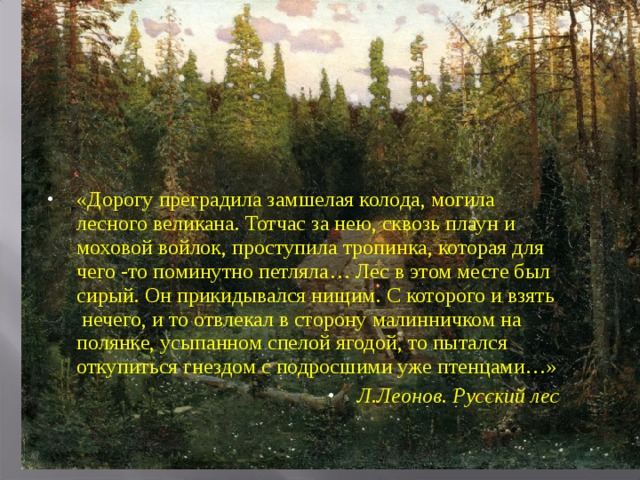 «Дорогу преградила замшелая колода, могила лесного великана. Тотчас за нею, сквозь плаун и моховой войлок, проступила тропинка, которая для чего -то поминутно петляла… Лес в этом месте был сирый. Он прикидывался нищим. С которого и взять нечего, и то отвлекал в сторону малинничком на полянке, усыпанном спелой ягодой, то пытался откупиться гнездом с подросшими уже птенцами…» Л.Леонов. Русский лес 