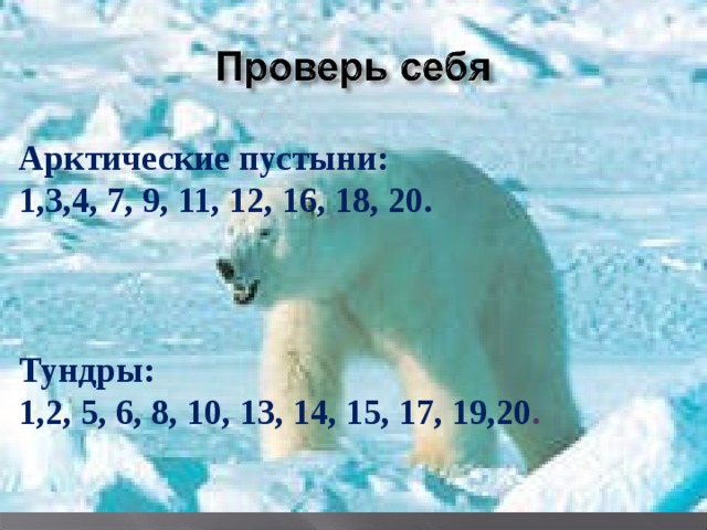  Арктические пустыни: 1,3,4, 7, 9, 11, 12, 16, 18, 20.    Тундры: 1,2, 5, 6, 8, 10, 13, 14, 15, 17, 19,20 . 