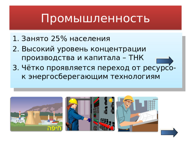 Промышленность Занято 25% населения Высокий уровень концентрации производства и капитала – ТНК Чётко проявляется переход от ресурсо- к энергосберегающим технологиям 