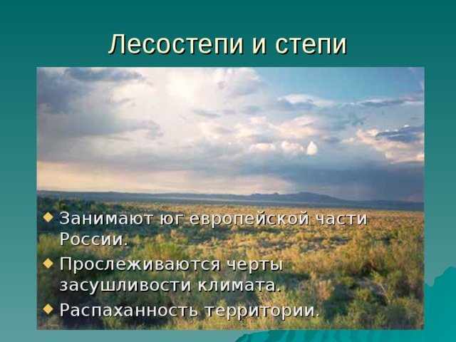 Лесостепи и степи Занимают юг европейской части России. Прослеживаются черты засушливости климата. Распаханность территории. 
