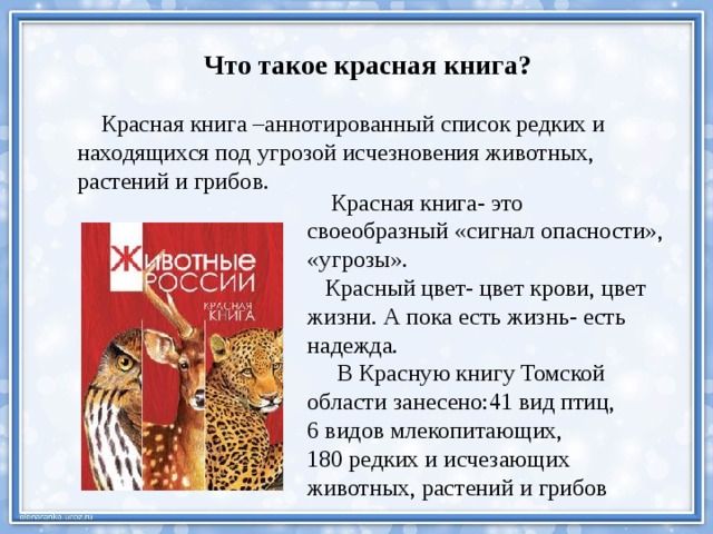 Что такое красная книга?  Красная книга –аннотированный список редких и находящихся под угрозой исчезновения животных, растений и грибов.  Красная книга- это своеобразный «сигнал опасности», «угрозы».  Красный цвет- цвет крови, цвет жизни. А пока есть жизнь- есть надежда.  В Красную книгу Томской области занесено:41 вид птиц, 6 видов млекопитающих, 180 редких и исчезающих животных, растений и грибов 