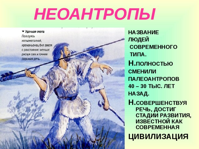 НЕОАНТРОПЫ  НАЗВАНИЕ ЛЮДЕЙ  СОВРЕМЕННОГО  ТИПА. Н. ПОЛНОСТЬЮ СМЕНИЛИ ПАЛЕОАНТРОПОВ 40 – 30 ТЫС. ЛЕТ НАЗАД. Н. СОВЕРШЕНСТВУЯ РЕЧЬ, ДОСТИГ СТАДИИ РАЗВИТИЯ, ИЗВЕСТНОЙ КАК СОВРЕМЕННАЯ ЦИВИЛИЗАЦИЯ 
