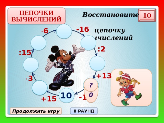 ЦЕПОЧКИ ВЫЧИСЛЕНИЙ 10 Восстановите  цепочку  вычислений -16  6 :2 :15 +13  3 ? 20 10 -10 +15 II РАУНД Продолжить игру 