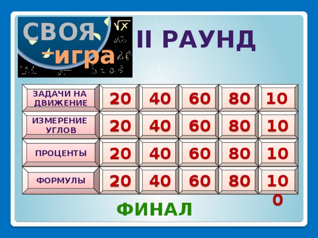 I тур СВОЯ II РАУНД _ игра      ЗАДАЧИ НА  ДВИЖЕНИЕ 100 80 60 40 20  ИЗМЕРЕНИЕ  УГЛОВ     40 80 20 60 100 ПРОЦЕНТЫ      100 80 40 60 20   ФОРМУЛЫ    100 80 60 40 20 ФИНАЛ 25 