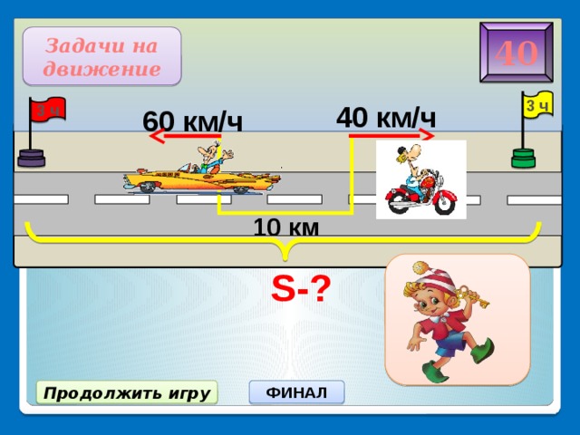  S-? 40 Задачи на движение 3 ч 40 км/ч 3 ч 60 км/ч 10 км 310 км ФИНАЛ Продолжить игру 