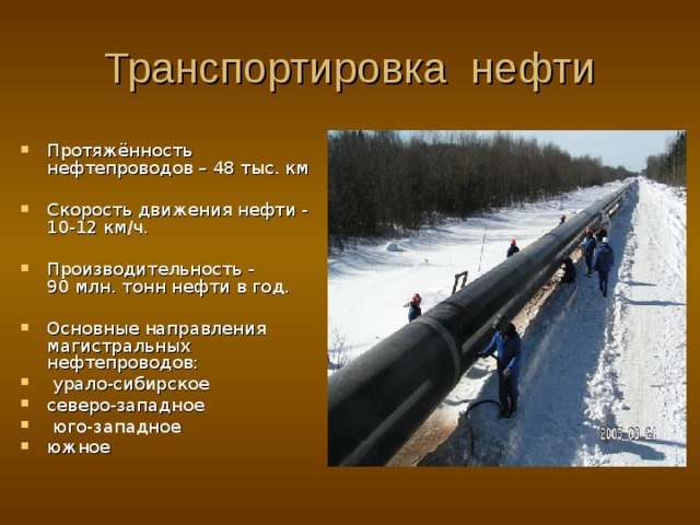 Транспортировка нефти Протяжённость нефтепроводов – 48 тыс. км  Скорость движения нефти - 10-12 км/ч.  Производительность - 90 млн. тонн нефти в год.  Основные направления магистральных нефтепроводов:  урало-сибирское северо-западное  юго-западное южное  