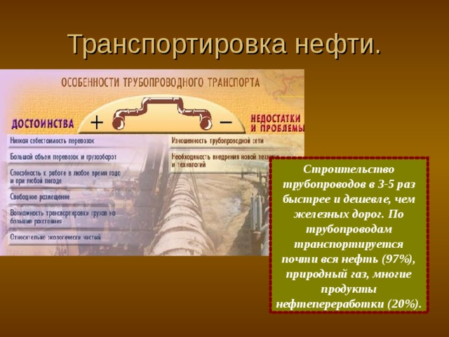 Транспортировка нефти. Строительство трубопроводов в 3-5 раз быстрее и дешевле, чем железных дорог. По трубопроводам транспортируется почти вся нефть (97%), природный газ, многие продукты нефтепереработки (20%). 