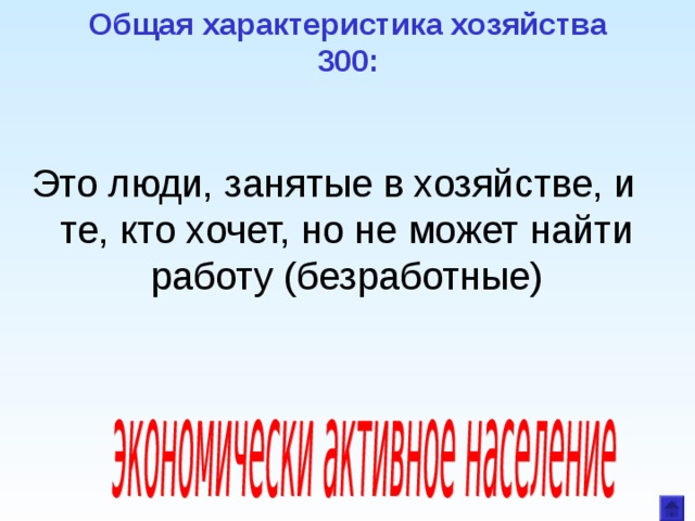 Общая характеристика хозяйства  300: Это люди, занятые в хозяйстве, и те, кто хочет, но не может найти работу (безработные) 