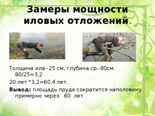 Замеры мощности иловых отложений . Толщина ила -25 см, глубина ср.-80см. 80/25=3,2 20 лет *3,2=60,4 лет. Вывод: площадь пруда сократится наполовину примерно через 60 лет 
