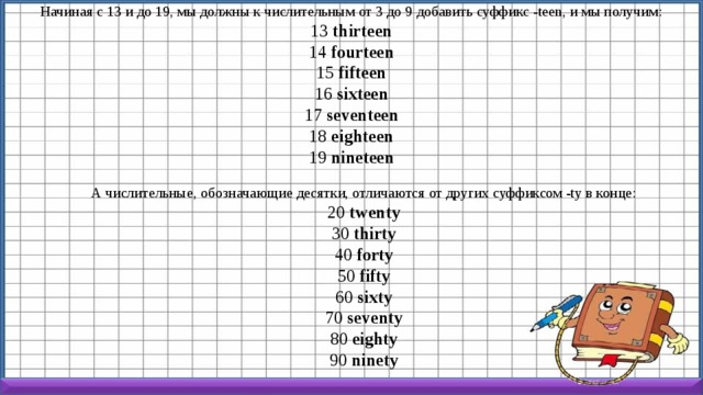 Начиная с 13 и до 19, мы должны к числительным от 3 до 9 добавить суффикс -teen, и мы получим: 13  thirteen 14  fourteen 15  fifteen 16  sixteen 17  seventeen 18  eighteen 19  nineteen А числительные, обозначающие десятки, отличаются от других суффиксом -ty в конце: 20  twenty 30  thirty 40  forty 50  fifty 60  sixty 70  seventy 80  eighty 90  ninety 