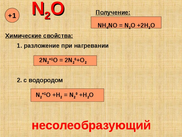  N 2 O    Получение:  NH 4 NO = N 2 O +2H 2 O +1 Химические свойства: 1. разложение при нагревании  2 N 2 +1 O = 2 N 2 0 + O 2 2. с водородом   N 2 +1 O + H 2 = N 2 0 + H 2 O несолеобразующий 
