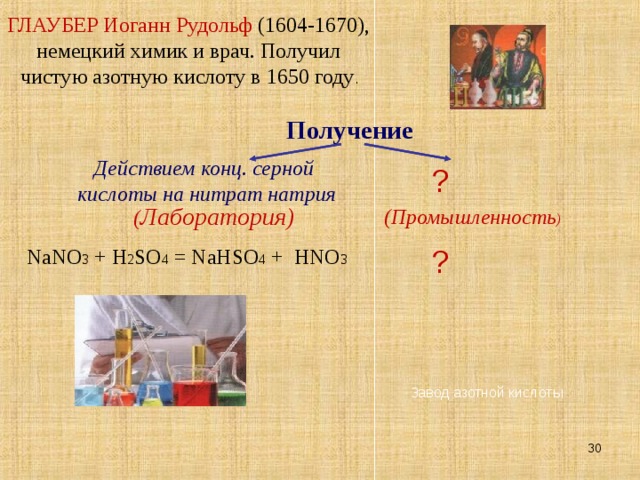 ГЛАУБЕР Иоганн Рудольф (1604-1670), немецкий химик и врач. Получил чистую азотную кислоту в 1650 году . Получение  ? Действием конц. серной кислоты на нитрат натрия ( Лаборатория) (Промышленность ) ? NaNO 3 + H 2 SO 4 = NaHSO 4 + HNO 3  Завод азотной кислоты  30 