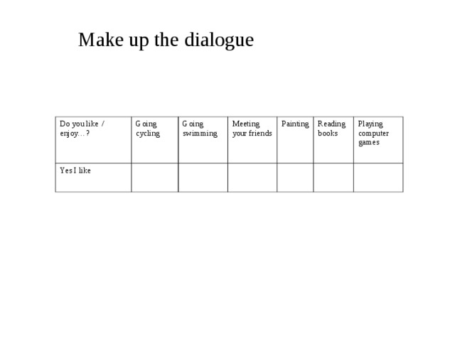 Make up the dialogue Do you like / enjoy…? Going cycling Yes I like Going swimming Meeting your friends Painting Reading books Playing computer games 