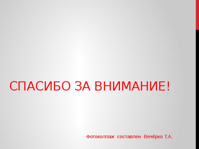 Спасибо за внимание! Фотоколлаж составлен -Вечёрко Т.А. 