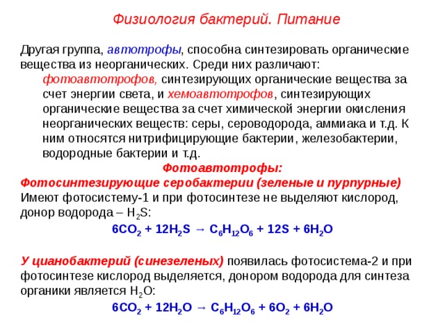 Физиология бактерий. Питание Другая группа, автотрофы , способна синтезировать органические вещества из неорганических. Среди них различают: фотоавтотрофов, синтезирующих органические вещества за счет энергии света, и хемоавтотрофов , синтезирующих органические вещества за счет химической энергии окисления неорганических веществ: серы, сероводорода, аммиака и т.д. К ним относятся нитрифицирующие бактерии, железобактерии, водородные бактерии и т.д. Фотоавтотрофы: Фотосинтезирующие серобактерии (зеленые и пурпурные) Имеют фотосистему-1 и при фотосинтезе не выделяют кислород, донор водорода – Н 2 S: 6СО 2  +  12Н 2 S → С 6 Н 12 О 6 + 12S + 6Н 2 О  У цианобактерий (синезеленых) появилась фотосистема-2 и при фотосинтезе кислород выделяется, донором водорода для синтеза органики является Н 2 О: 6СО 2  +  12Н 2 О → С 6 Н 12 О 6 + 6О 2 + 6Н 2 О  