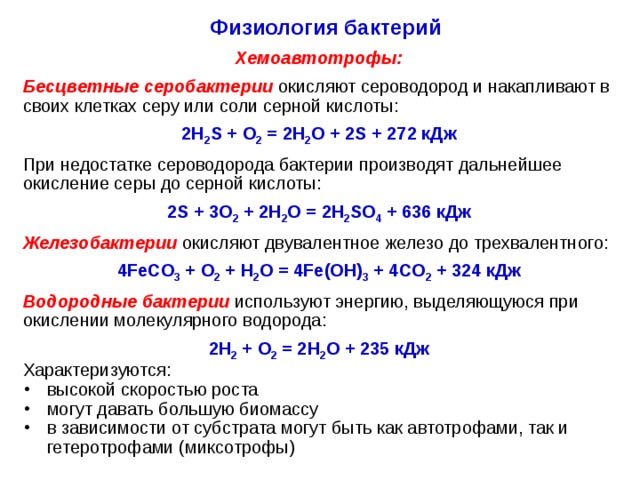 Физиология бактерий Хемоавтотрофы: Бесцветные серобактерии окисляют сероводород и накапливают в своих клетках серу или соли серной кислоты: 2Н 2 S + О 2 = 2Н 2 О + 2S + 272 кДж При недостатке сероводорода бактерии производят дальнейшее окисление серы до серной кислоты: 2S + 3О 2 + 2Н 2 О = 2Н 2 SО 4 + 636 кДж Железобактерии  окисляют двувалентное железо до трехвалентного: 4FeCO 3 + O 2 + H 2 O = 4Fe(OH) 3 + 4CO 2 + 324 кДж Водородные бактерии  используют энергию, выделяющуюся при окислении молекулярного водорода: 2Н 2 + О 2 = 2Н 2 О + 235 кДж Характеризуются: высокой скоростью роста могут давать большую биомассу в зависимости от субстрата могут быть как автотрофами, так и гетеротрофами (миксотрофы)  