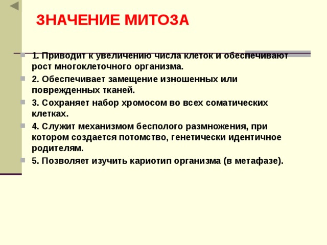 ЗНАЧЕНИЕ МИТОЗА 1. Приводит к увеличению числа клеток и обеспечивают рост многоклеточного организма. 2. Обеспечивает замещение изношенных или поврежденных тканей. 3. Сохраняет набор хромосом во всех соматических клетках. 4. Служит механизмом бесполого размножения, при котором создается потомство, генетически идентичное родителям. 5. Позволяет изучить кариотип организма (в метафазе). 