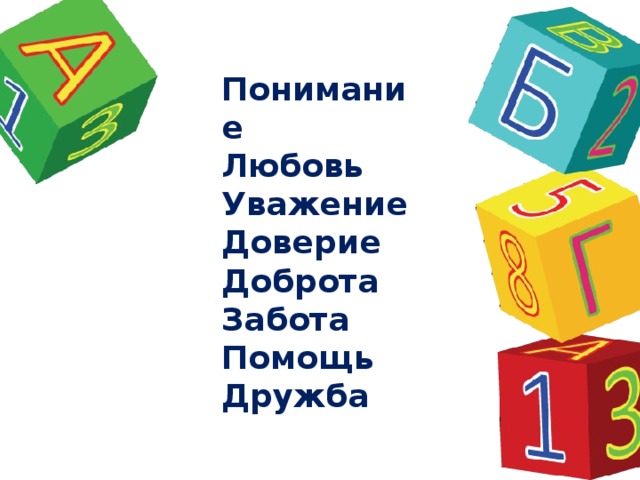 Понимание Любовь Уважение Доверие Доброта Забота  Помощь Дружба 