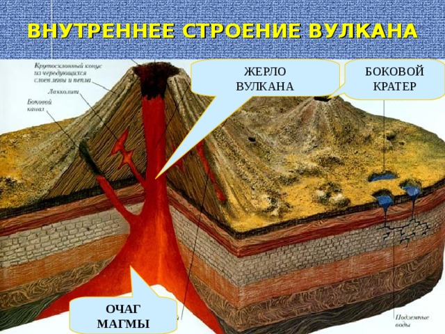 ВНУТРЕННЕЕ СТРОЕНИЕ ВУЛКАНА ЖЕРЛО ВУЛКАНА БОКОВОЙ КРАТЕР ОЧАГ МАГМЫ
