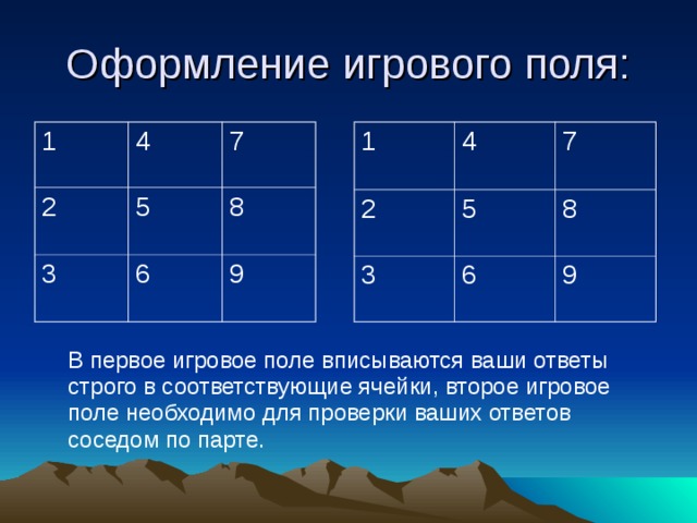 Оформление игрового поля: 1 1 4 4 2 2 3 5 7 7 3 5 6 6 8 8 9 9  В первое игровое поле вписываются ваши ответы строго в соответствующие ячейки, второе игровое поле необходимо для проверки ваших ответов соседом по парте.