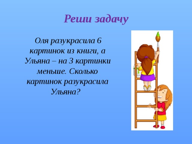 Реши задачу  Оля разукрасила 6 картинок из книги, а Ульяна – на 3 картинки меньше. Сколько картинок разукрасила Ульяна? 