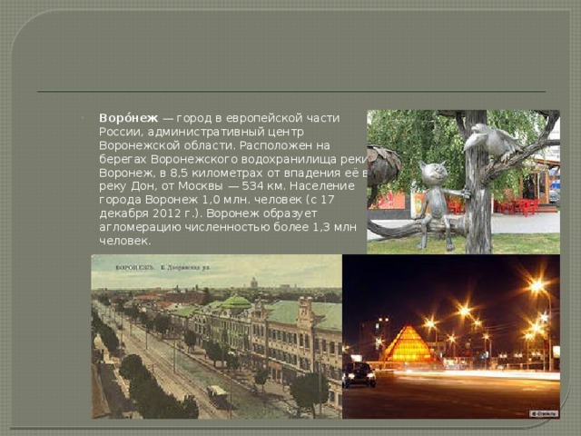 Воро́неж — город в европейской части России, административный центр Воронежской области. Расположен на берегах Воронежского водохранилища реки Воронеж, в 8,5 километрах от впадения её в реку Дон, от Москвы — 534 км. Население города Воронеж 1,0 млн. человек (c 17 декабря 2012 г.). Воронеж образует агломерацию численностью более 1,3 млн человек. 