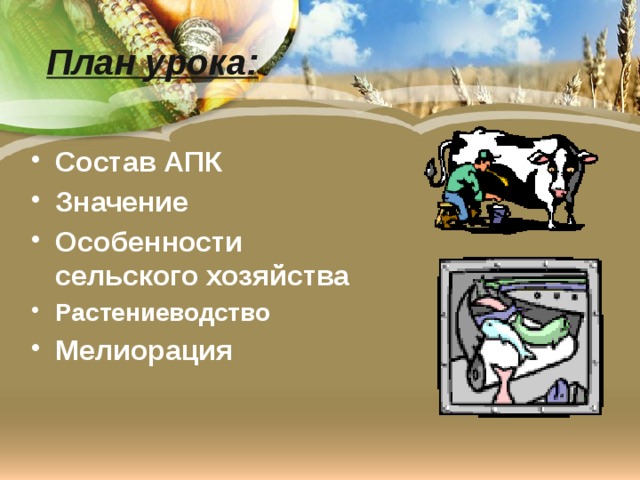 План урока: Состав АПК Значение Особенности сельского хозяйства Растениеводство Мелиорация 